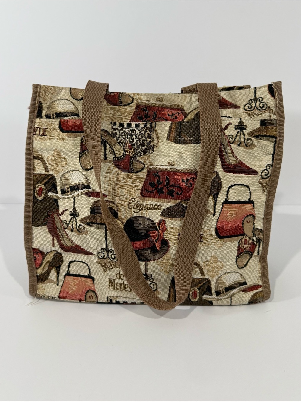 Fashion Tapestry Tote Bag Beige/Brown, Zip Closure, Inner/Outer Pockets